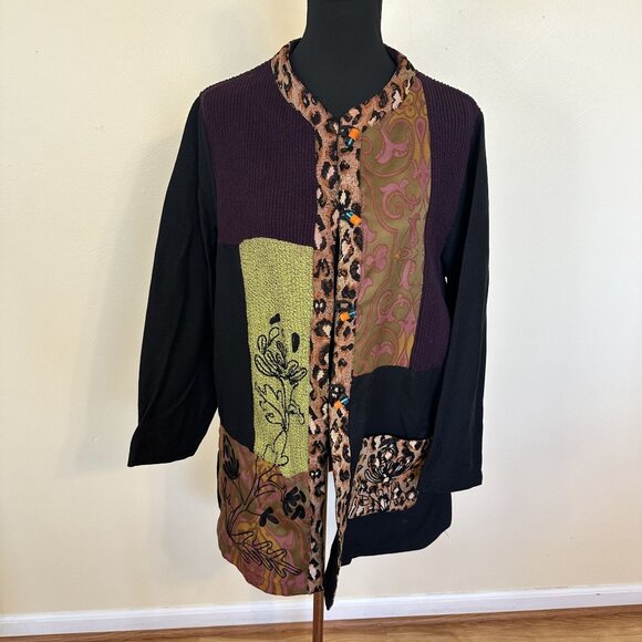 Alex Kim Womens Cardigan Sweater Jacket Patchwork Animal Print Art to Wear Large - Picture 10 of 15